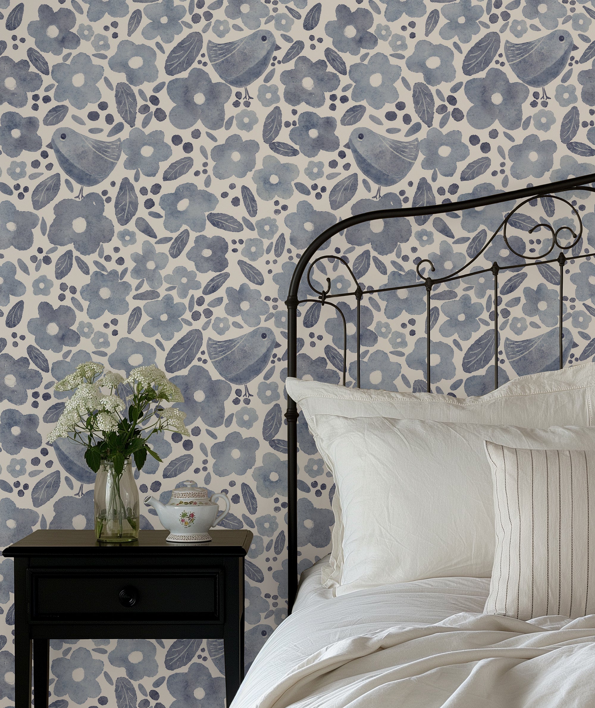 Bird Blossom Grey Gray peel and stick wallpaper room mockup